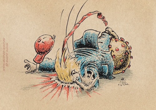 Cartoon: Trump and Corona (medium) by Guido Kuehn tagged trump,corona,covid19,virus,pandemia,trump,corona,covid19,virus,pandemia,ko,boxhandschuh,umgeboxt
