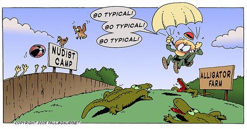 Cartoon: So Typical (medium) by gnurf tagged gnurf,parachute,skydiving,alligators,nudist,luck