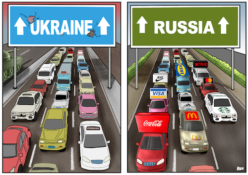 Cartoon: Exodus (medium) by miguelmorales tagged russia,ukraine,war,conflict,brands,leaving,economy,russia,ukraine,war,conflict,brands,leaving,economy