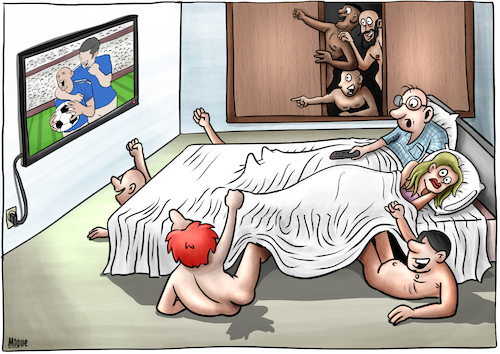 Cartoon: Infidelity in times of football (medium) by miguelmorales tagged football,funny,cartoon,infidelity,cheating,wife,husband,football,funny,cartoon,infidelity,cheating,wife,husband