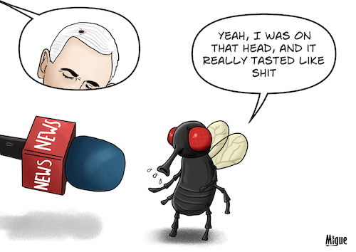 Cartoon: Interview with the fly (medium) by miguelmorales tagged pence,fly,head,debate,us,trump,election,kamala,pence,fly,head,debate,us,trump,election,kamala
