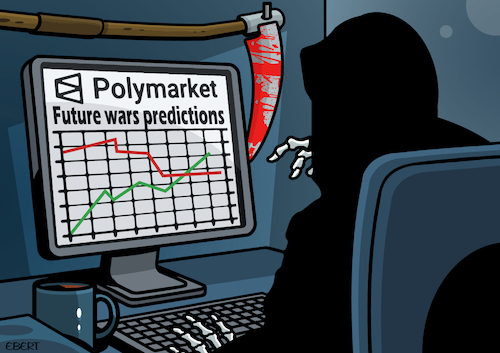 Cartoon: Deadly bets (medium) by Enrico Bertuccioli tagged polymarket,betting,bettingplatform,money,insidertrading,speculation,financialspeculation,grimreaper,war,ethical,unethical,prediction,predictionplatform,currency,cryptocurrency,business,digital,digitaldevices,technology,political,politicalcartoon,politicalcartoons,editorialcartoon,editorialcartoons,polymarket,betting,bettingplatform,money,insidertrading,speculation,financialspeculation,grimreaper,war,ethical,unethical,prediction,predictionplatform,currency,cryptocurrency,business,digital,digitaldevices,technology,political,politicalcartoon,politicalcartoons,editorialcartoon,editorialcartoons