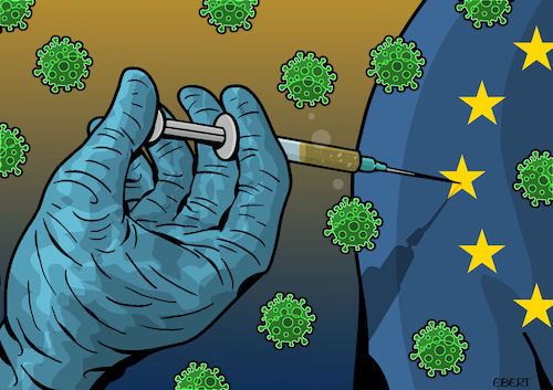 Cartoon: EU and vaccine (medium) by Enrico Bertuccioli tagged covid19,coronavirus,virus,pandemic,crisis,health,safety,society,people,medicine,cure,science,vaccine,eu,europe,government,lockdown,viral,flu,influence,immunity,business,epidemics