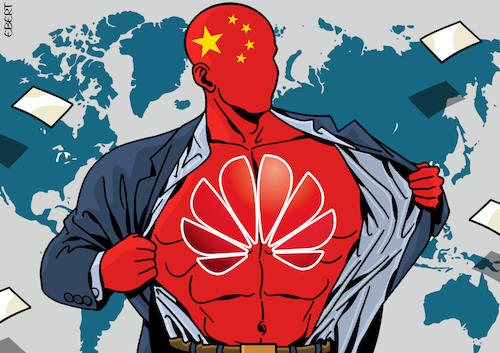 Cartoon: Huawei shows the muscles (medium) by Enrico Bertuccioli tagged huawei,5g,digital,technology,devices,smartphone,business,people,society,bgig,data,trade,consumerism,leadership,policy,china,chinese,markets,money,developement,control,company,multinational,world,global,internet,wifi,connectivity,telecommunication,industry,profit,management,security