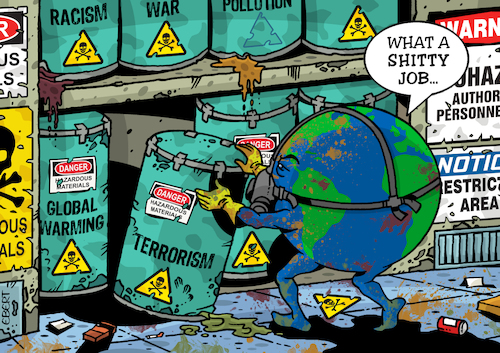 Cartoon: Shitty job (medium) by Enrico Bertuccioli tagged earth,planet,global,crisis,nature,warming,terrorism,pollution,health,animals,soil,exploitation,politicians,political,policy,safety,human,beings,endangered,species,behavior,awareness,prevention,protection,profit,war,weapon,military,government,threat,menace,society,people,natural,disaster,industry,industrial,green,energy,environment