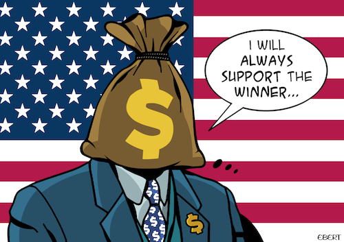 Cartoon: The supporter (medium) by Enrico Bertuccioli tagged elections,uselections,2024uselections,political,presidentialelections,uspresidentialelections,2024uspresidentialelections,trump,harris,donaldtrump,kamalaharris,republicans,democrats,world,newworldorder,business,money,finance,economy,power,control,politicalcartoon,editorialcartoon,elections,uselections,2024uselections,political,presidentialelections,uspresidentialelections,2024uspresidentialelections,trump,harris,donaldtrump,kamalaharris,republicans,democrats,world,newworldorder,business,money,finance,economy,power,control,politicalcartoon,editorialcartoon