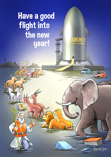 Cartoon: Guten Flug (medium) by Harald Juch tagged neujahr,neujahrsgruß,silvester,arche,noah,klimakrise,klimawandel,weltuntergang,katastrophe,raumschiff,hoffnung,tiere,ökologie,hochwasser,überschwemmung,new,year,ark,climate,change,doomsday,hope,animals,ecology,flood,elefant,löwe,lion,antilope,harald,juch