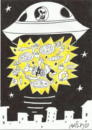 Cartoon: UFO PIZZA ATTACK (medium) by yasar kemal turan tagged chef,attack,ufo,pizza,pizzapitch