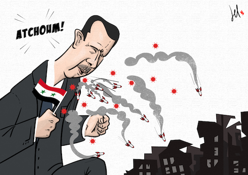 Cartoon: Assad catches corona (medium) by Emanuele Del Rosso tagged bashar,syria,war,coronavirus,bashar,syria,war,coronavirus