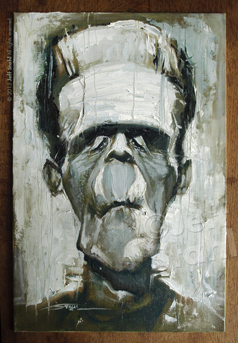 Cartoon: Frankie by Jeff Stahl (medium) by Jeff Stahl tagged frankenstein,creature,monster,horror,universal,monsters,legend,boris,karloff,classic,movie,movies,oil,painting,traditional,rough,canvas,brushwork,illustration,caricature,jeff,stahl,oils,brush,oilpainting