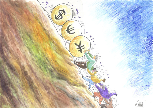 Cartoon: DESCENT (medium) by aungminmin tagged financial,humour,people,money,cartoon,crisis
