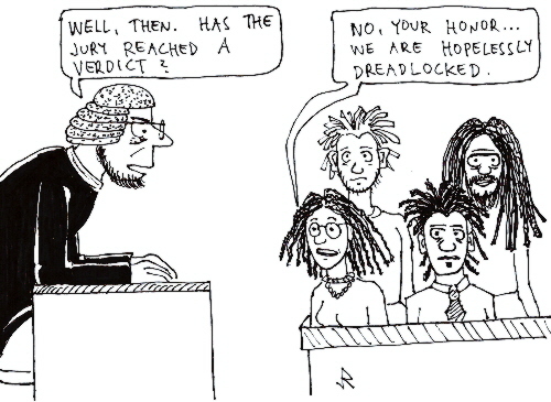 Cartoon: The jury (medium) by Jani The Rock tagged jury,trial,judge,dreadlocks,reggae