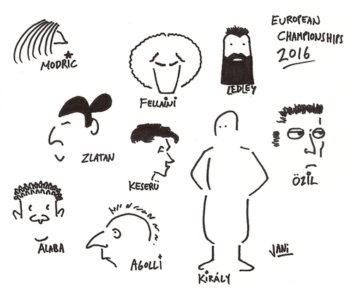 Cartoon: various footballers (medium) by Jani The Rock tagged özil,kiraly,agolli,ledley,fellaini,keseru,alaba,zlatan,modric,euro2016,football