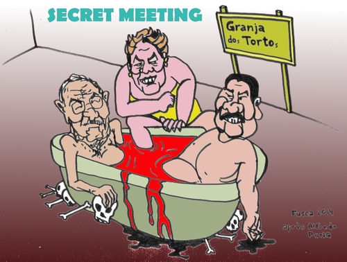 Cartoon: Castro Rousseff Maduro meeting (medium) by Fusca tagged dictators,maduro,rousseff,castro,puppet,lula,dictatorship,brazilian