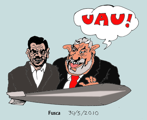 Cartoon: Lula helping Ahmadinejad (medium) by Fusca tagged dictatorships,terrorism,authoritarism