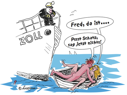 Cartoon: Der Staat sieht alles! (medium) by rpeter tagged mann,frau,boot,zoll,staat,wasser,liebe,nackt