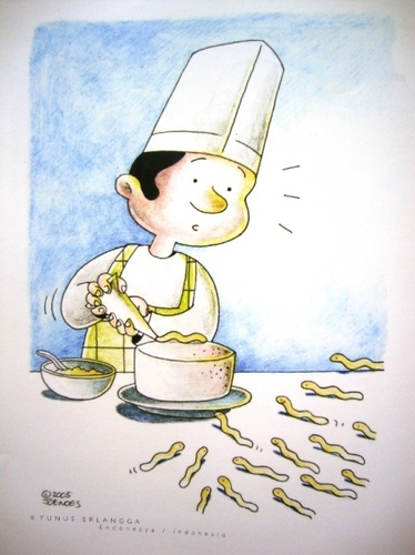 Cartoon: unexpected guest (medium) by Joen Yunus tagged cartoon,cooking,gastronomy,colored,pencil,pen