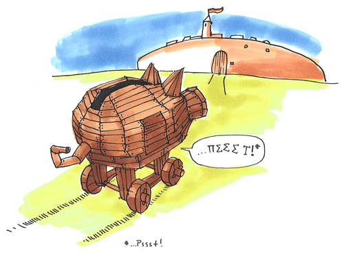 Cartoon: trojanisches sparschwein (medium) by kgbr tagged crisis,troja,bank,piggy,euro,greece