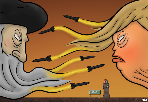 Cartoon: Battleground Iraq (medium) by Tjeerd Royaards tagged iraq,iran,usa,trump,khamenei,war,missiles,victims,iraq,iran,usa,trump,khamenei,war,missiles,victims