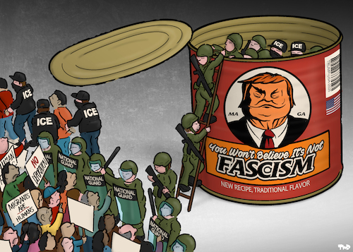 Cartoon: Can of fascism (medium) by Tjeerd Royaards tagged trump,fascism,usa,ice,protests,trump,fascism,usa,ice,protests