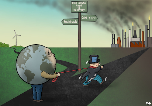 Cartoon: Crossroads (medium) by Tjeerd Royaards tagged coronavirus,economy,sustainability,environment,capitalism,pollution,earth,coronavirus,economy,sustainability,environment,capitalism,pollution,earth
