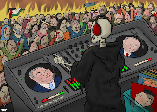 Cartoon: Death is a DJ (medium) by Tjeerd Royaards tagged netanyahu,gaza,russia,israel,putin,ukraine,netanyahu,gaza,russia,israel,putin,ukraine