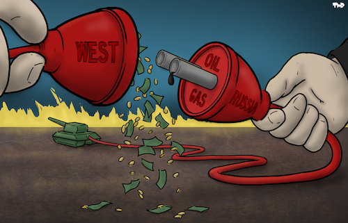 Cartoon: Defunding (medium) by Tjeerd Royaards tagged putin,ukraine,russia,gas,oil,energy,dependency,west,sanctions,money,war,putin,ukraine,russia,gas,oil,energy,dependency,west,sanctions,money,war