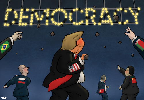 Cartoon: Democracy dies in darkness (medium) by Tjeerd Royaards tagged trump,erdogan,putin,xi,jinping,belarus,china,russia,usa,turkey,democracy,trump,erdogan,putin,xi,jinping,belarus,china,russia,usa,turkey,democracy