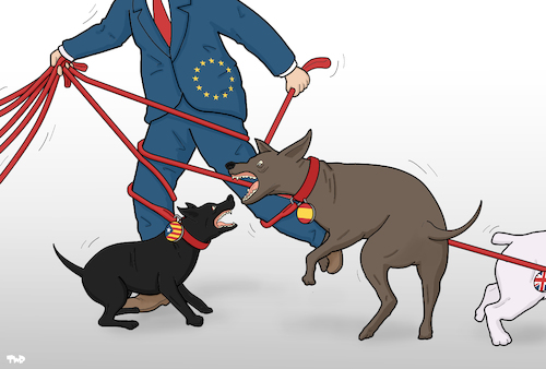 Cartoon: Dog Walker (medium) by Tjeerd Royaards tagged eu,catalonia,brexit,chaos,dogs,fighting,conflict,mess,eu,catalonia,brexit,chaos,dogs,fighting,conflict,mess