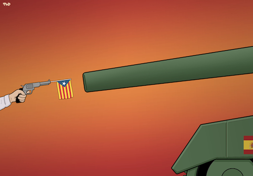 Cartoon: Duel (medium) by Tjeerd Royaards tagged independence,spain,eu,catalonia,violence,civil,war,vote,referendum,independence,spain,eu,catalonia,violence,civil,war,vote,referendum