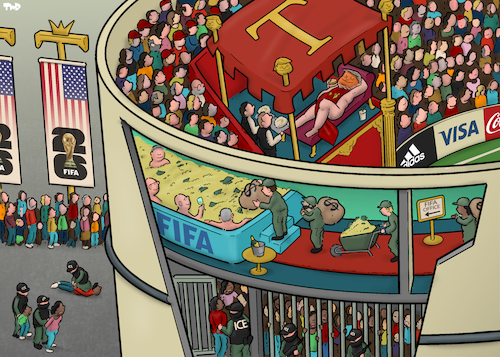 Cartoon: FIFA World Cup 2026 (medium) by Tjeerd Royaards tagged fifa,world,cup,trump,usa,fascism,ice,migrants,soccer,football,fifa,world,cup,trump,usa,fascism,ice,migrants,soccer,football