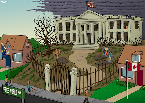 Cartoon: Free World Avenue (medium) by Tjeerd Royaards tagged trump,canada,usa,europe,haunted,house,trump,canada,usa,europe,haunted,house