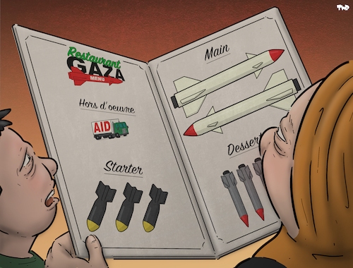Cartoon: Gaza menu (medium) by Tjeerd Royaards tagged gaza,menu,bombing,missiles,aid,humanitarian,israel,gaza,menu,bombing,missiles,aid,humanitarian,israel