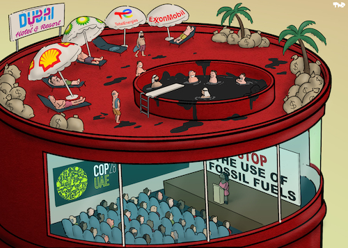 Cartoon: In Dubai (medium) by Tjeerd Royaards tagged oil,companies,dubai,cop28,climate,summit,fossil,fuels,environment,oil,companies,dubai,cop28,climate,summit,fossil,fuels,environment