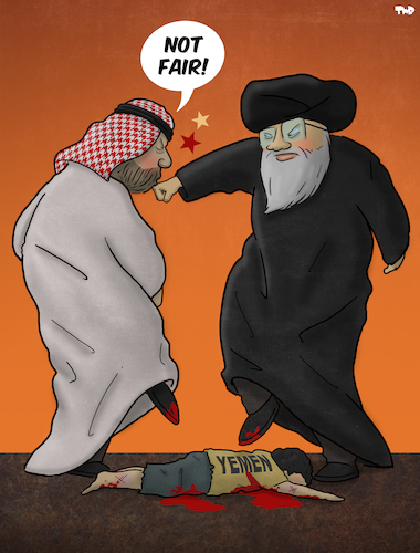 Cartoon: Iran and Saudi Arabia (medium) by Tjeerd Royaards tagged iran,saudi,arabia,yemen,attack,war,iran,saudi,arabia,yemen,attack,war