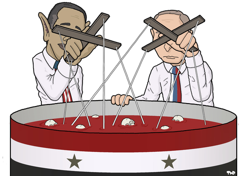 Cartoon: Meddling in Syria (medium) by Tjeerd Royaards tagged putin,obama,assad,syria,war,putin,obama,assad,syria,war