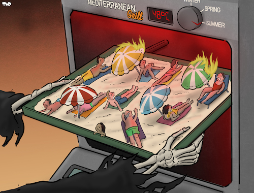 Cartoon: Mediterranean grill (medium) by Tjeerd Royaards tagged weather,climate,summer,heat,heatwave,souther,europe,weather,climate,summer,heat,heatwave,souther,europe