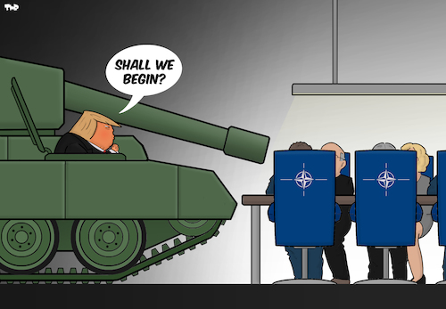 Cartoon: NATO Summit (medium) by Tjeerd Royaards tagged eu,europe,usa,defense,army,budget,nato,summit,tank,eu,europe,usa,defense,army,budget,nato,summit,tank