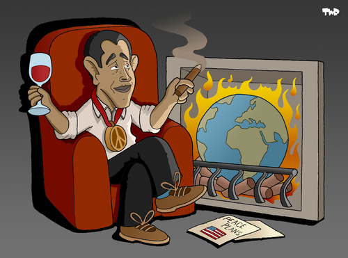 Cartoon: Obama wins Nobel Prize (medium) by Tjeerd Royaards tagged obama,nobel,peace,prize,world,burning,hope,change,usa,america,president,barack obama,usa,präsident,nobelpreis,friedensnobelpreis,auszeichnung,barack,obama