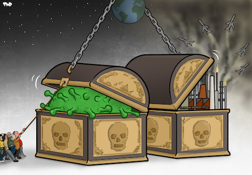 Cartoon: Pandoras Boxes (medium) by Tjeerd Royaards tagged coronavirus,pandemic,pollution,industry,economy,climate,change