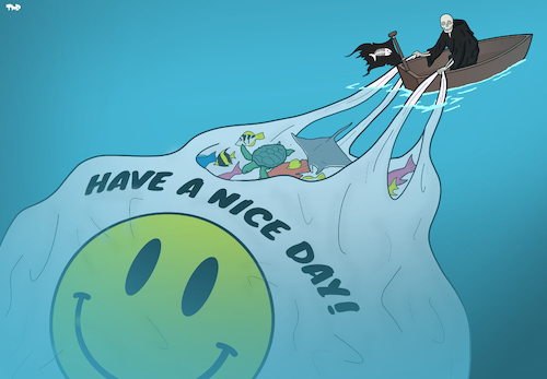 Cartoon: Plastic in Our Oceans (medium) by Tjeerd Royaards tagged plastic,ocean,sea,fish,pollution,environment,economy,bag,plastic,ocean,sea,fish,pollution,environment,economy,bag