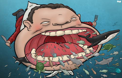 Cartoon: Predator of the ocean (medium) by Tjeerd Royaards tagged ocean,one,summit,sea,fish,overfishing,fishing,ocean,one,summit,sea,fish,overfishing,fishing