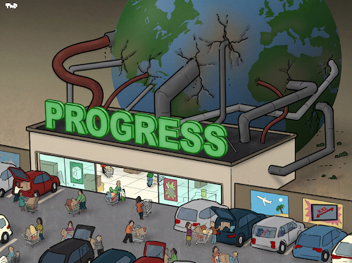 Cartoon: Progress (medium) by Tjeerd Royaards tagged progress,earth,planet,environment,consumer,buy,progress,earth,planet,environment,consumer,buy