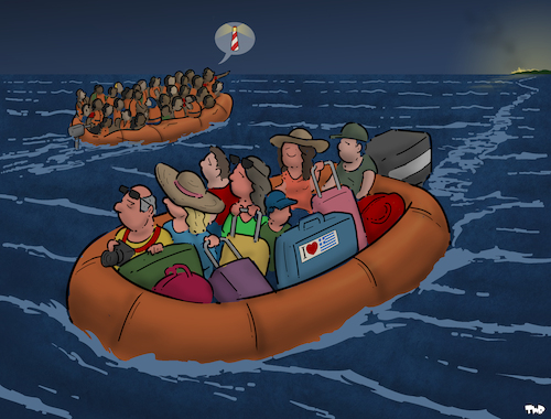 Cartoon: Seeking safety (medium) by Tjeerd Royaards tagged safety,wildfires,greece,rhodes,tourism,refugees,migrants,safety,wildfires,greece,rhodes,tourism,refugees,migrants