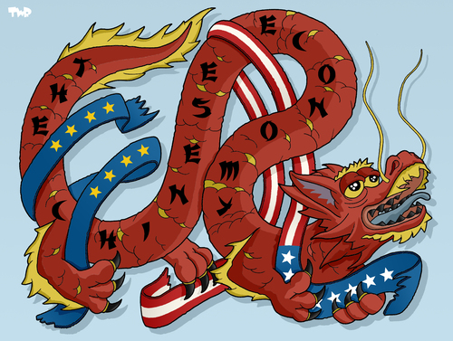 Cartoon: Superpower China (medium) by Tjeerd Royaards tagged china,europe,usa,superpower,dragon,economy,china,europa,usa,macht,mächte