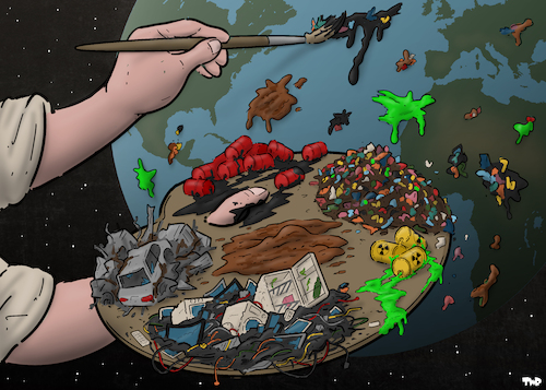 Cartoon: Trashed planet (medium) by Tjeerd Royaards tagged planet,earth,waste,garbage,trash,nature,planet,earth,waste,garbage,trash,nature