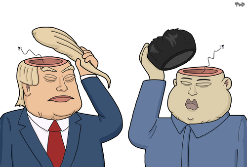 Cartoon: Trump and Kim Jong Un (medium) by Tjeerd Royaards tagged north,korea,usa,trump,kim,jong,un,brain,stupid,wise,smart