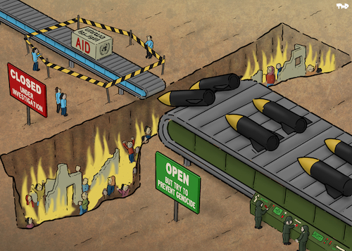 Cartoon: UNRWA under investigation (medium) by Tjeerd Royaards tagged unrwa,gaza,hamas,palestine,israel,funding,genocide,unrwa,gaza,hamas,palestine,israel,funding,genocide
