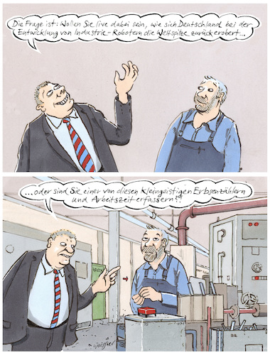 Cartoon: Arbeitszeiterfassung (medium) by woessner tagged cartoons,karikaturen,woessner,avantgarde,industriestandort,deutschland,weltspitze,technologievorsprung,erbsenzähler,kleingeistig,arbeitsrecht,tarif,tarifbindung,betriebsrat,unternehmerinnen,arbeitszeiterfassung,automatisierung,industrieroboter,technische,entwicklung,arbeitswelt,arbeitsstunden,stechuhr,kontrolle,roboter,ki,industriearbeitsplatz,industriegewerkschaft,cartoons,karikaturen,woessner,avantgarde,industriestandort,deutschland,weltspitze,technologievorsprung,erbsenzähler,kleingeistig,arbeitsrecht,tarif,tarifbindung,betriebsrat,unternehmerinnen,arbeitszeiterfassung,automatisierung,industrieroboter,technische,entwicklung,arbeitswelt,arbeitsstunden,stechuhr,kontrolle,roboter,ki,industriearbeitsplatz,industriegewerkschaft