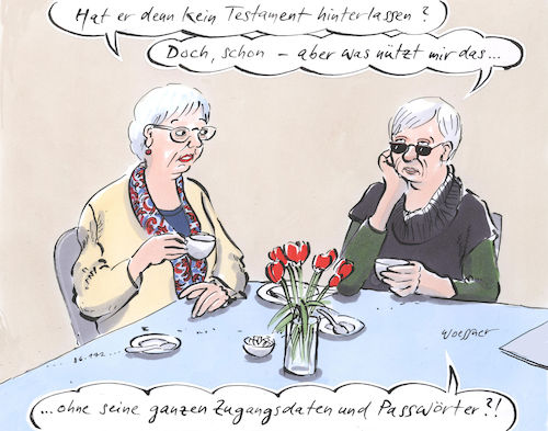 Cartoon: Datenerbe (medium) by woessner tagged freimut,woessner,karikaturen,cartoons,computer,it,online,banking,password,datenmenge,soziale,medien,facebook,twitter,amazon,ebay,versandhandel,überblick,witwe,witwer,datenerbe,testament,erbschaft,nachlass,tod,sterben,trauerfall,hinterlassenschaft,angehörige,erben,erbengemeinschaft,trauernde,pc,internet,passwort,zugangsdaten,benutzernamen,freimut,woessner,karikaturen,cartoons,computer,it,online,banking,password,datenmenge,soziale,medien,facebook,twitter,amazon,ebay,versandhandel,überblick,witwe,witwer,datenerbe,testament,erbschaft,nachlass,tod,sterben,trauerfall,hinterlassenschaft,angehörige,erben,erbengemeinschaft,trauernde,pc,internet,passwort,zugangsdaten,benutzernamen